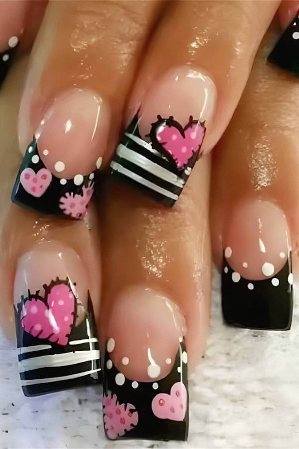 Black French Tips with Pink Heart Polka Dot Accents