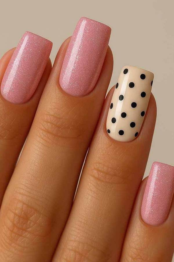 Pink Glitter Nails with Classic Black Polka Dot Accent
