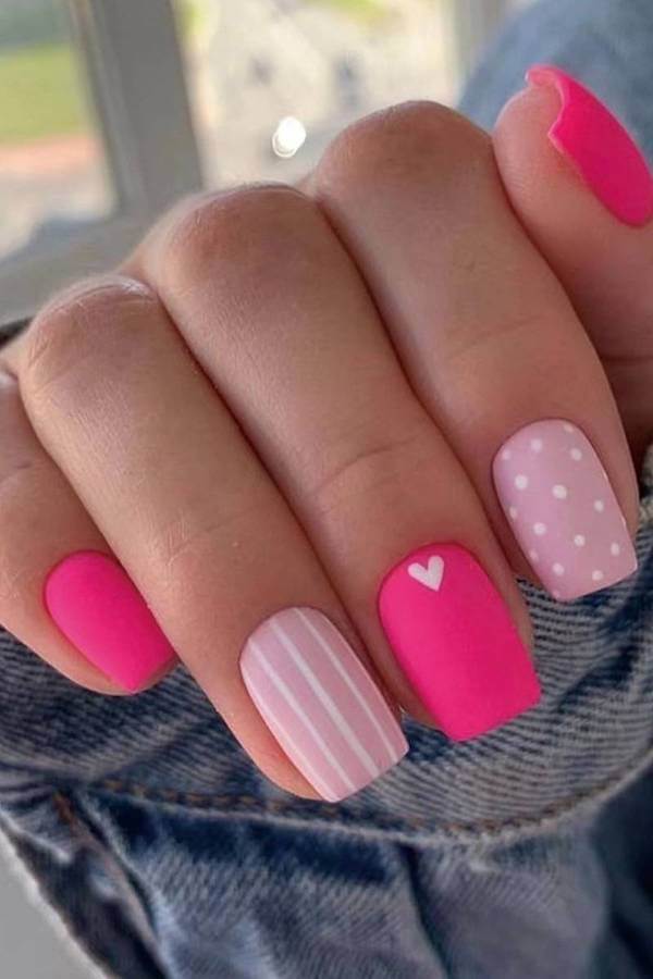 Matte Pink and White Polka Dot Square Nails