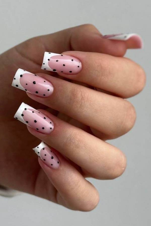 White French Tips with Scalloped Black Polka Dots
