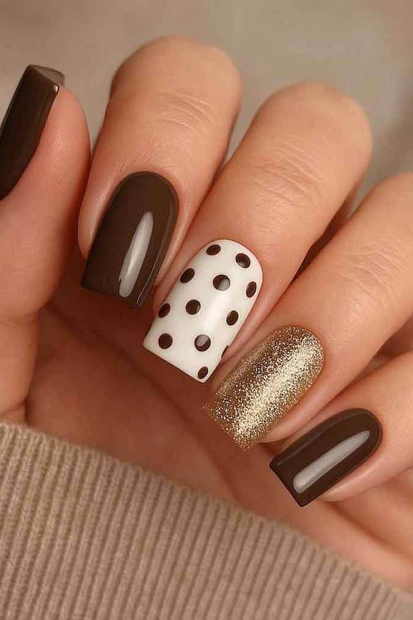 Brown and Gold Nails with Brown Polka Dot Detail
