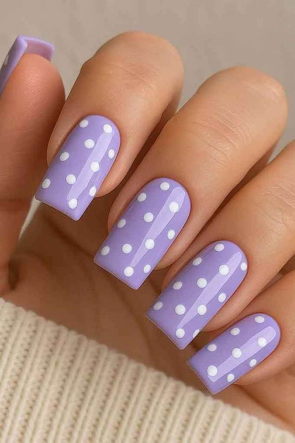 Lavender Nails with White Polka Dots