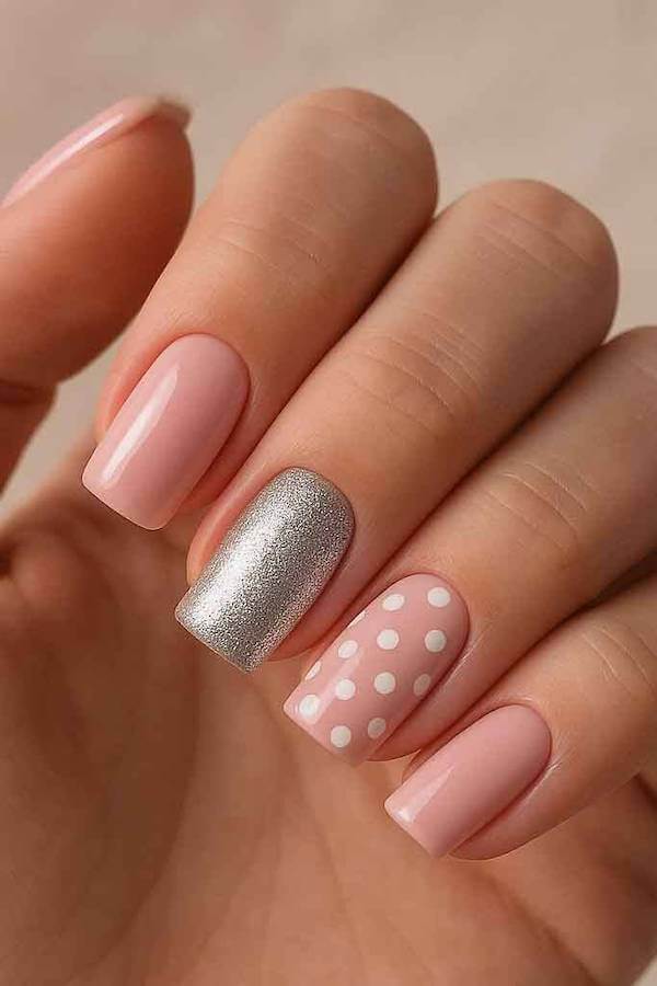 Nude Pink Nails with Silver and Polka Dot Accent