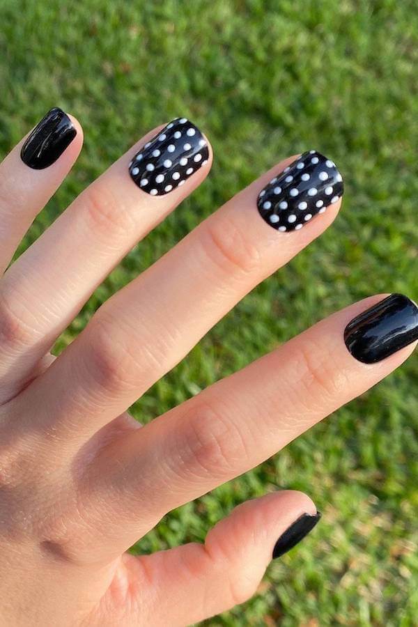 Black Nails with White Vertical Polka Dots