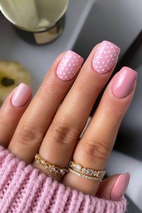 Light Pink Nails with White Polka Dot Accent