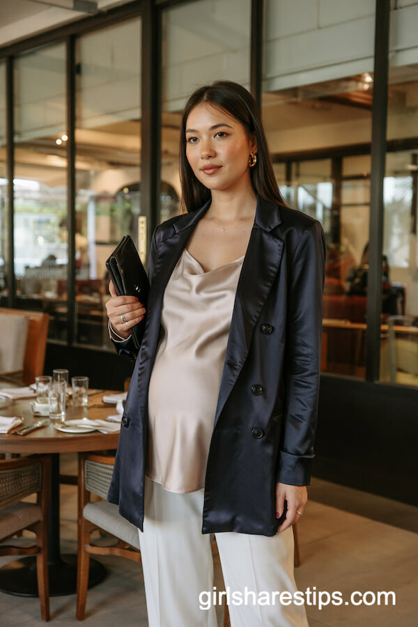 Navy Blazer with Blush Camisole and White Pants