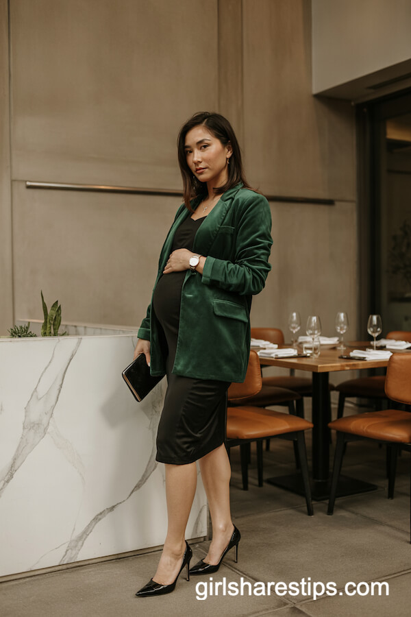 Green Velvet Blazer with Black Dress