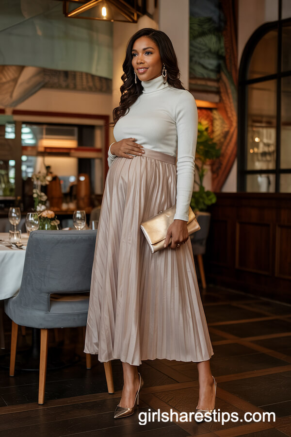 Cream Knit Top and Metallic Pleated Skirt