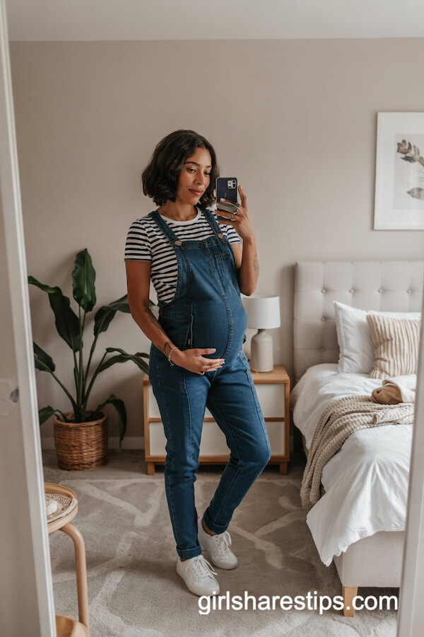 Denim Overalls and Striped T-Shirt