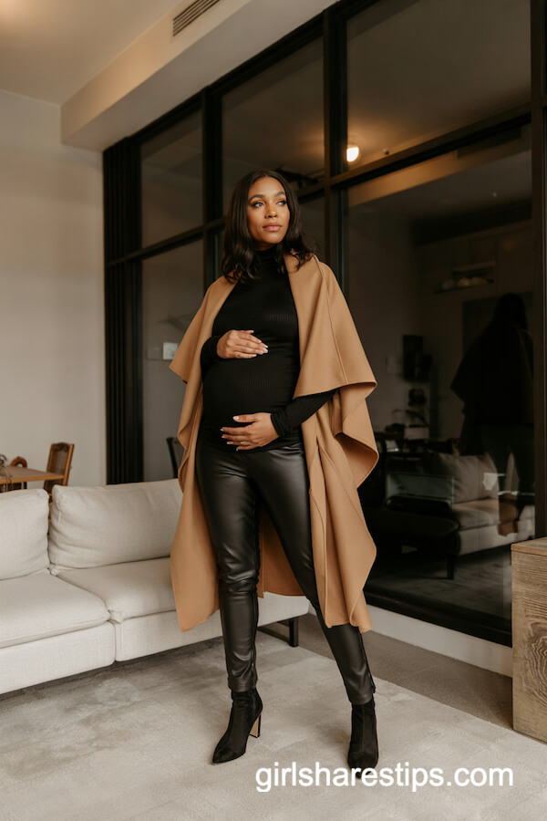 Camel Wrap Coat and Black Turtleneck