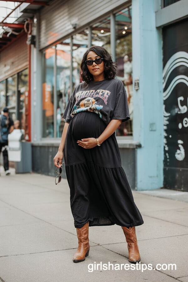 Graphic Tee with Black Maxi Skirt and Cowboy Boots