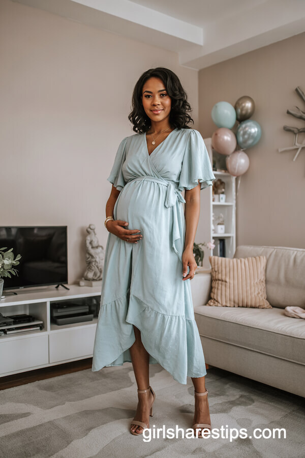 Pastel Blue Wrap Dress with Nude Heels