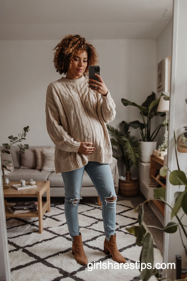 Cream Knit Sweater and Maternity Jeans