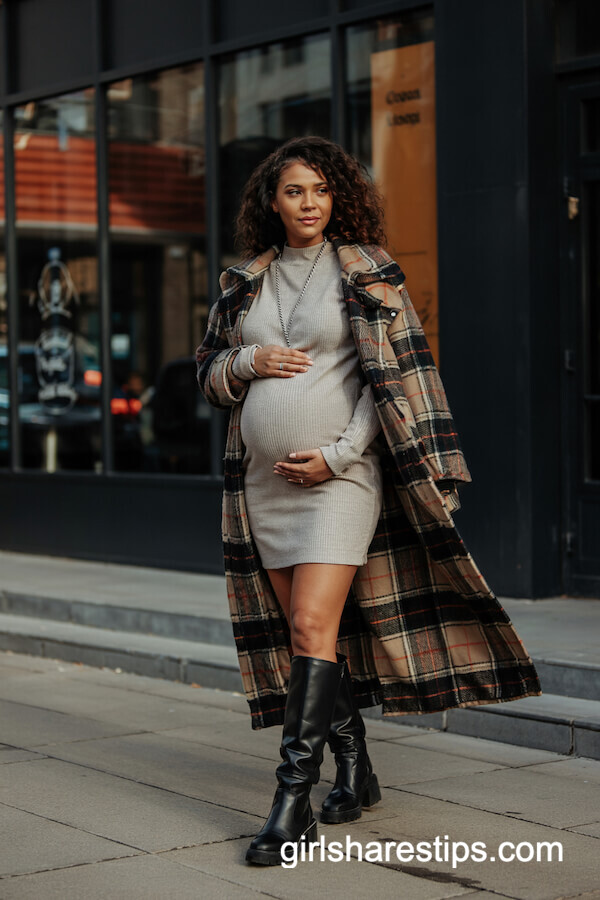 Gray Sweater Dress and Plaid Long Coat