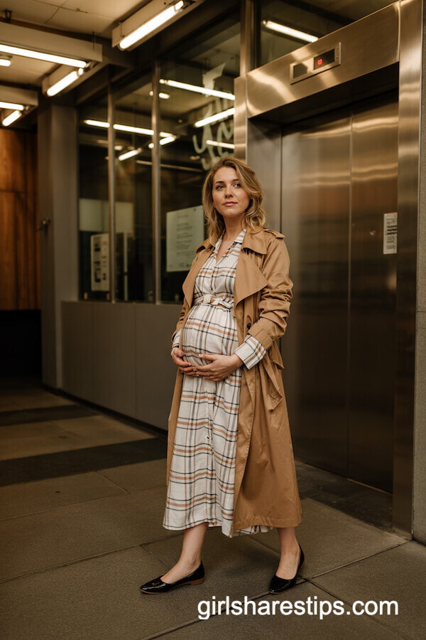 Plaid Maternity Dress and Camel Trenchcoat
