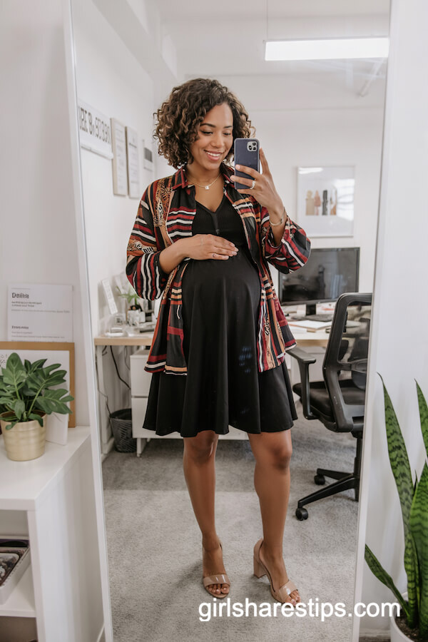 Bold Patterned Blouse with Black A-Line Skirt