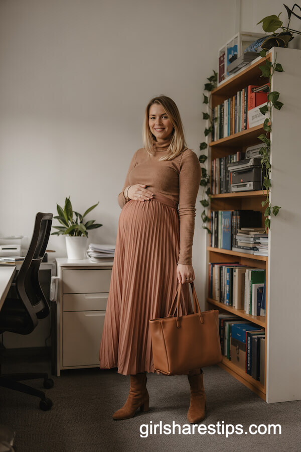 Camel Turtleneck and Burgundy Pleated Skirt