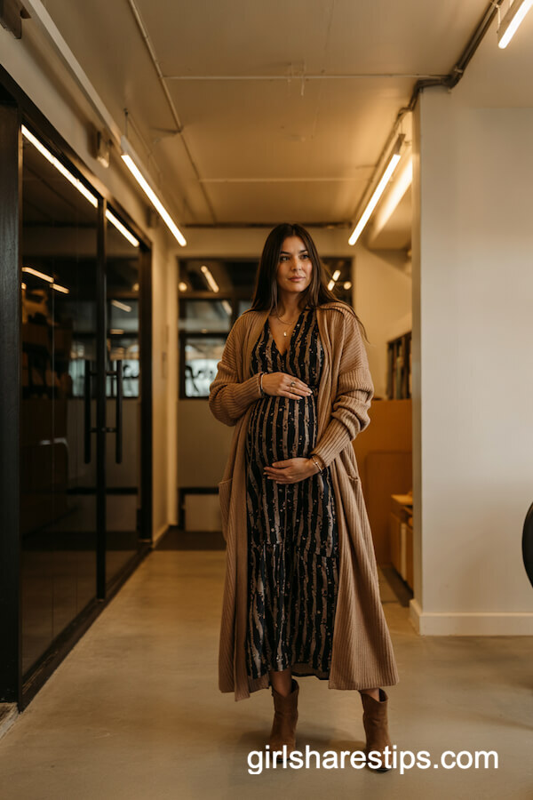 Long Cardigan over Printed Maternity Dress