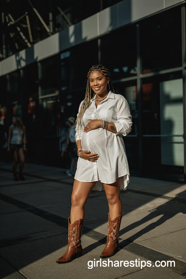 White Shirtdress and Cowboy Boots Outfit