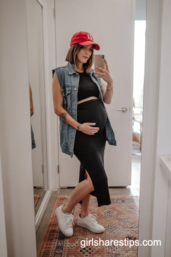 Black Top, Skirt, and Denim Vest Look