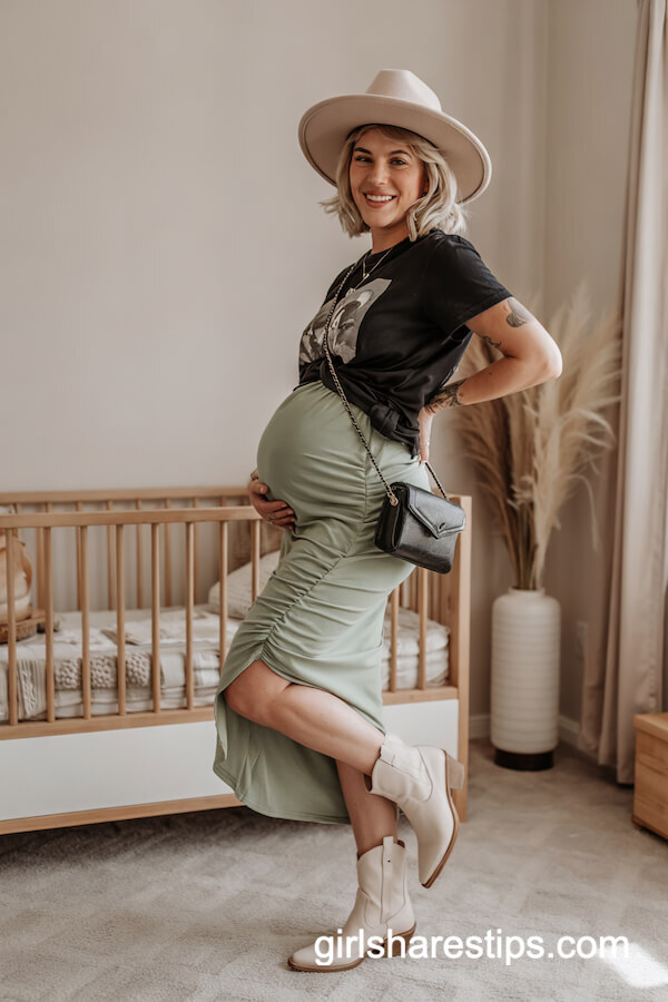 Graphic Tee and Green Ruched Skirt Style