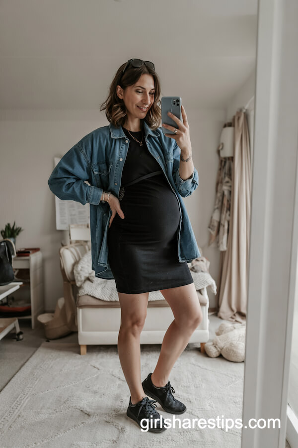 Fitted Dress and Oversized Denim Shirt Look
