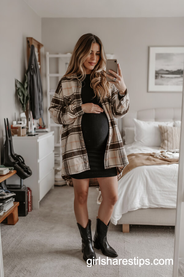 Maternity Mini Dress with Plaid Shacket