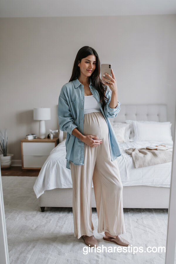 Denim Shirt and White Jumpsuit Outfit