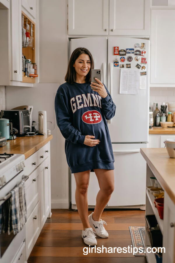 Team Sweatshirt Dress with White Tennis Shoes