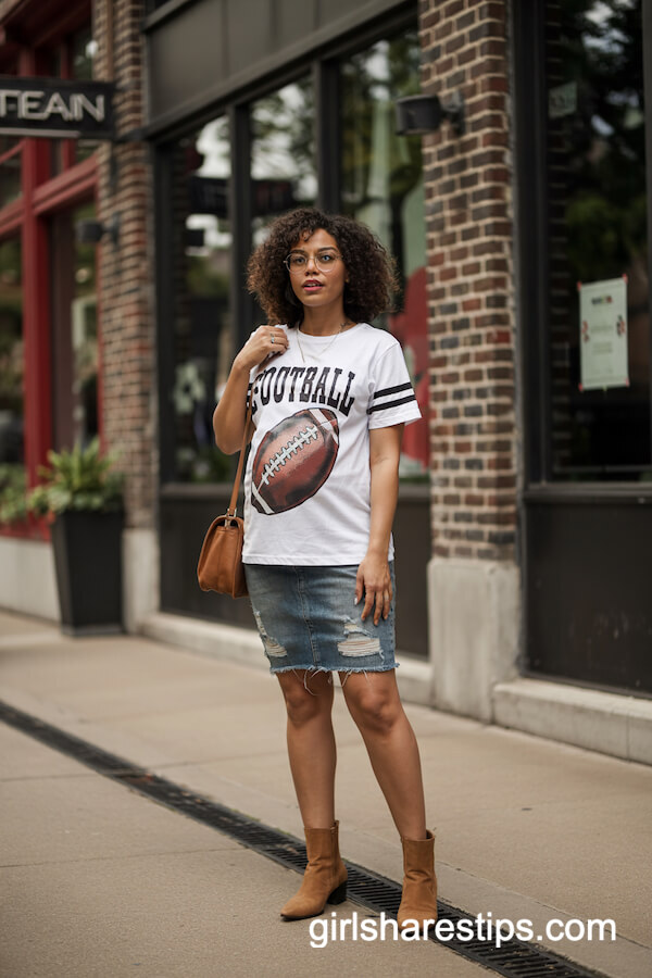 Football Print Tee and Distressed Denim Skirt