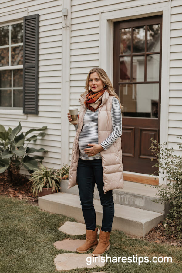 Puffer Vest with Striped Tee and Jeans