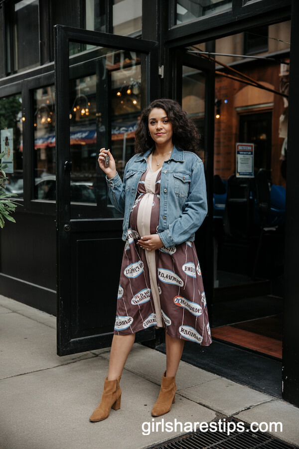 Denim Jacket over Game Day Maternity Dress