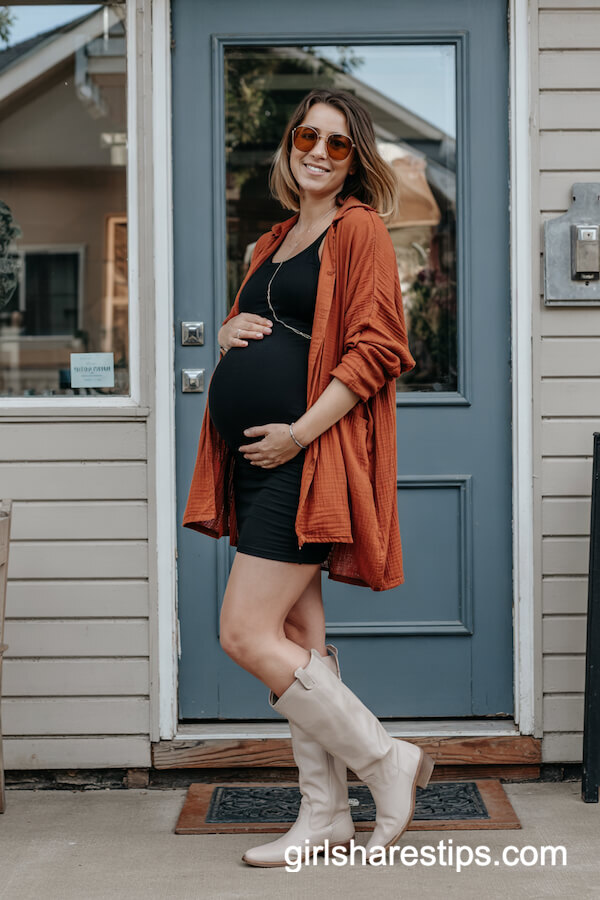Rust Cardigan over Black Bodycon Dress