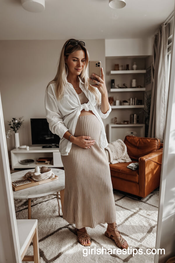 Ribbed Knit Maxi Skirt & Tied Shirt