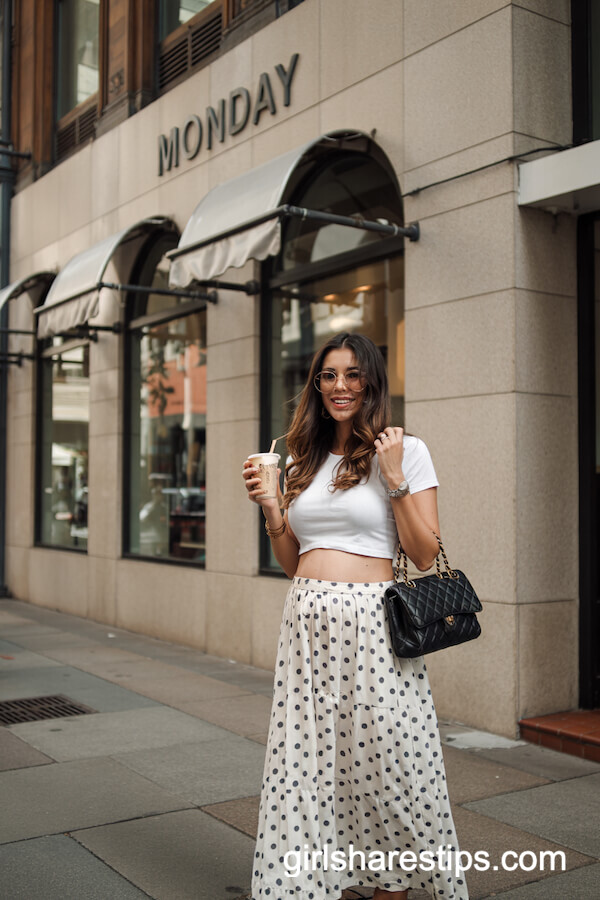 Polka Dot Maxi Skirt & White Crop Top