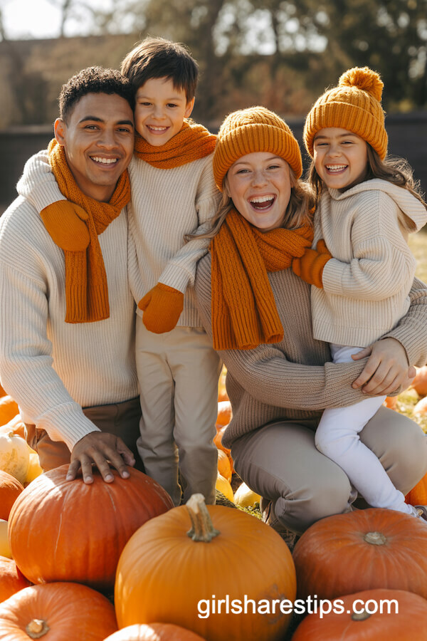 Cream, Tan, and Gray Outfits with Orange Accessories