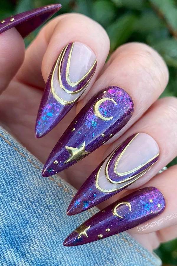 Purple Galaxy Moon and Star Nails