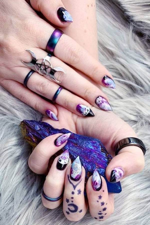 Mystical Purple and Black Marble Nails with Celestial Art