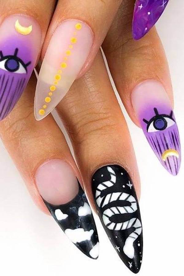 Purple Third Eye and Moon Nail Art