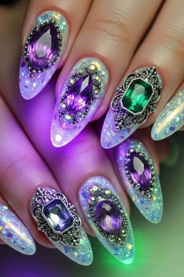Holographic Purple Gemstone Witch Nails
