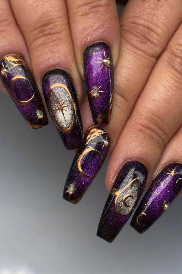 Metallic Purple Cosmic Nail Design
