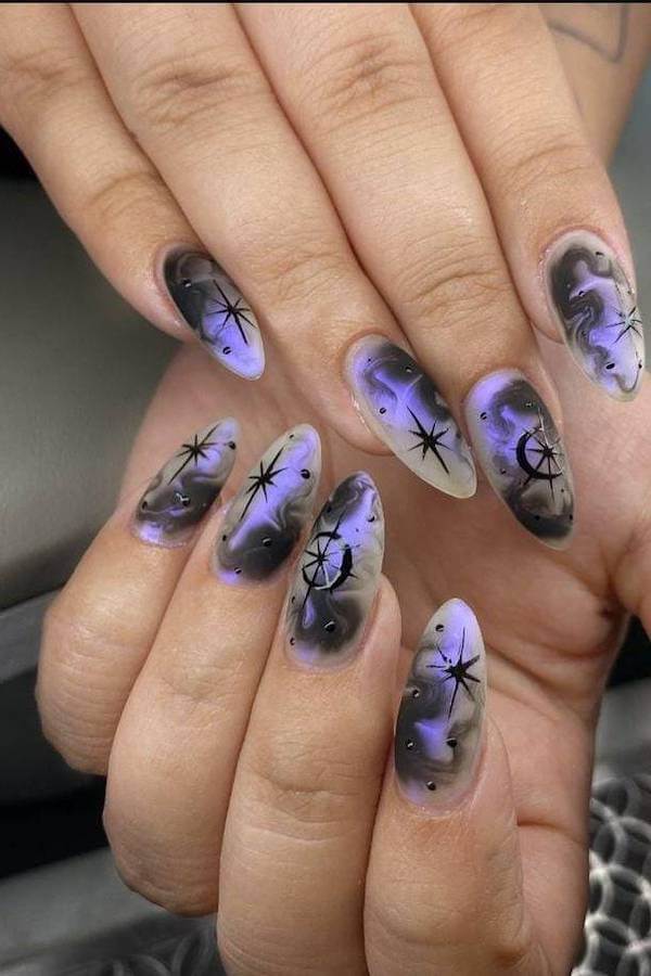 Smoky Purple Nails with Black Stars and Moons
