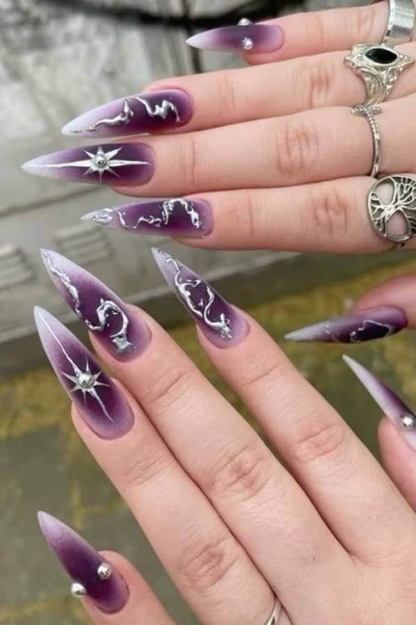 Stiletto Purple Starburst Nails