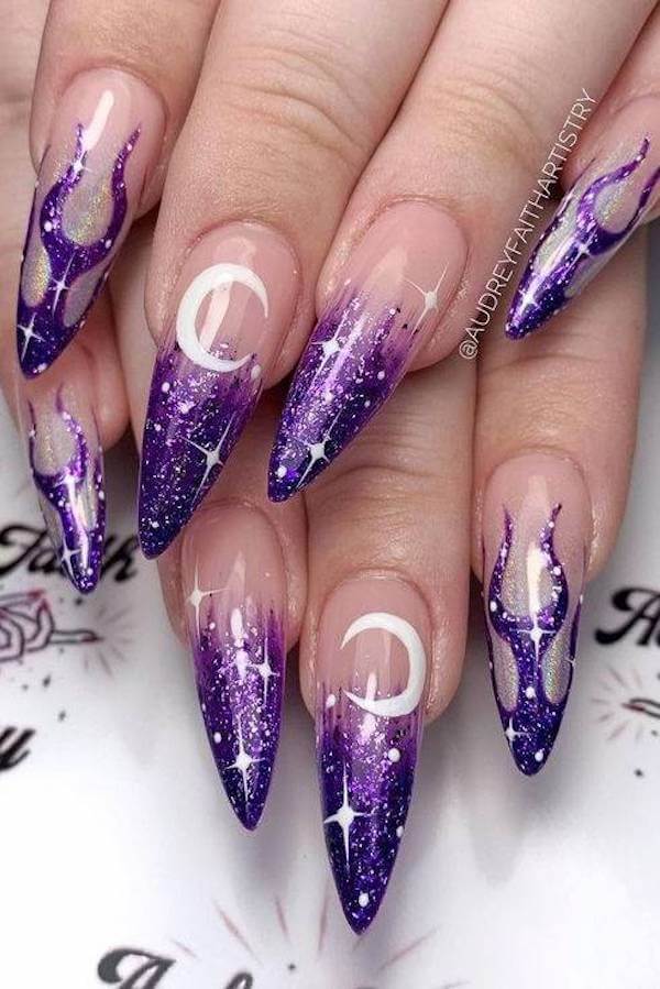 Sparkly Purple Flame Witch Nails