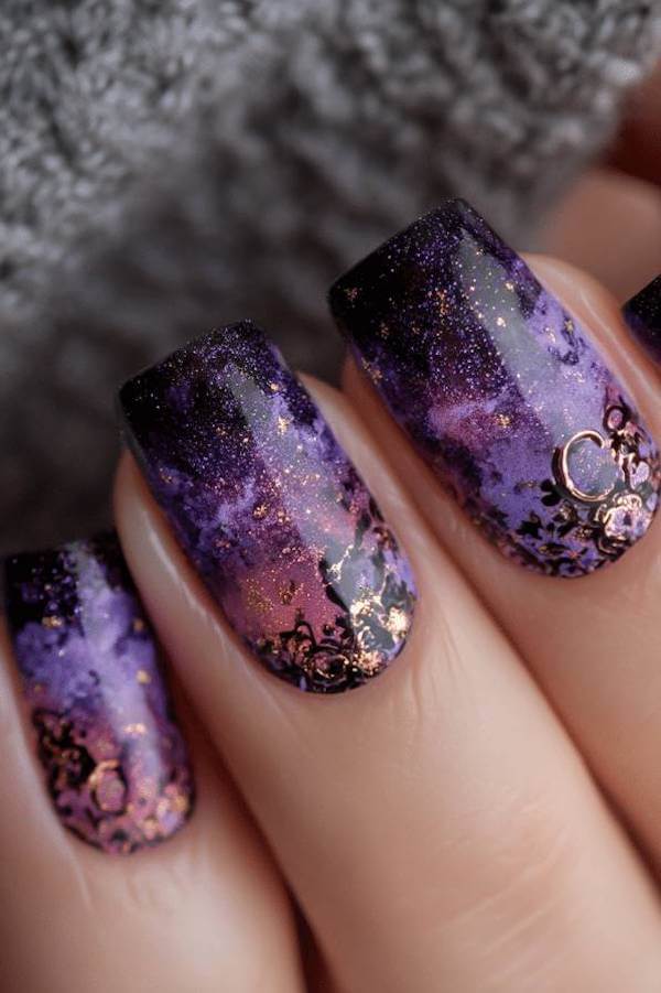 Galaxy Purple Nails with Gold Accents
