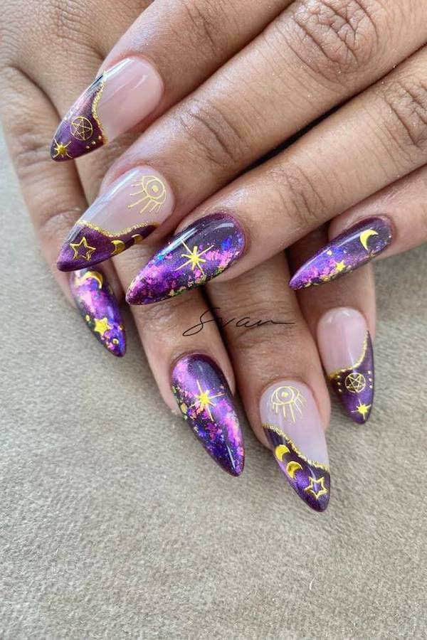 Astrological Purple Glitter Nails