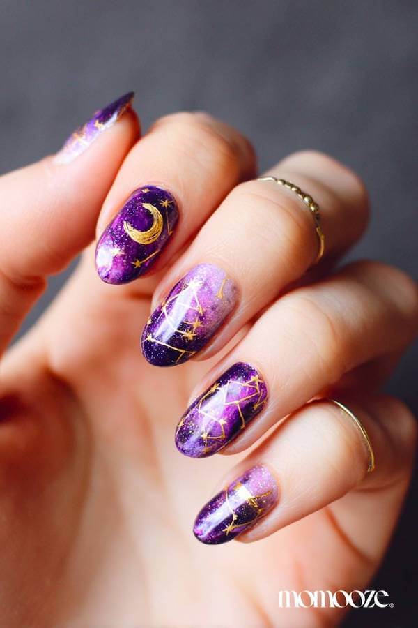 Purple and Gold Moon Nails