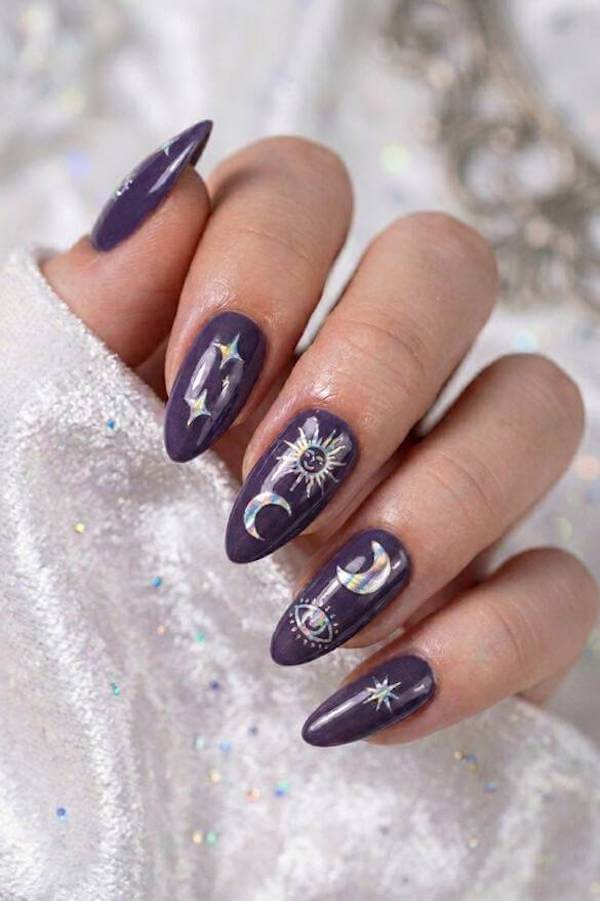 Deep Purple Moon and Star Nails