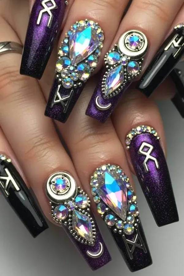 Crystal Embellished Purple Witch Nails