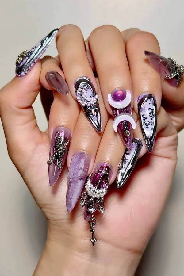 3D Purple Chrome Witch Nails